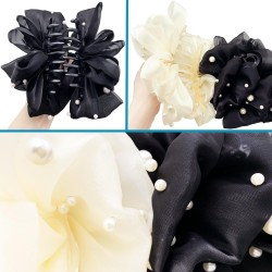 1-Pc RANDOM Colour Chiffon Silk Hair Claw Clips Large Pearl Bows Hair Clips Barrtette Hair Accessories Non-slip for Thin Thick Long Hair for Women And Girls