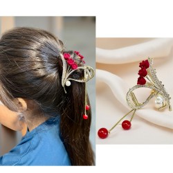 Golden Red Rose Flower Hair Claw | Tassel Pearl MAYIR CLIP/ JADAI CLIP/ JATTU CLIP/ HEIR CLAW/ GOTTAMU/ HEIR KLIP/ KLIP/ BAALA KLIP/ KLACHAR/ KES PAKAD/ KESANCHI CLIP/ CHUL CLIP/ CLUTCH/ CHAK/ CHIMTA/ BAKAL/ BAAL KE PIN/ BAAL KE CLUTCHER