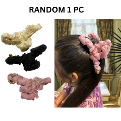 1-Pc RANDOM Colour Enchanted Hair Claw with Soft Ruffled Fabric and Golden Heart Charm Whimsical Blend Elegance Grace and Vintage for Effortless Glamour and Hair Styling For Women And Girls