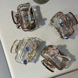 1-Pc RANDOM Colour Rectangular Shape Elegant Claw Clip Floral Detailing With Purple Gems For Hairstyle Transparent Enemal Design With Stylish Accessory For Girls And Women